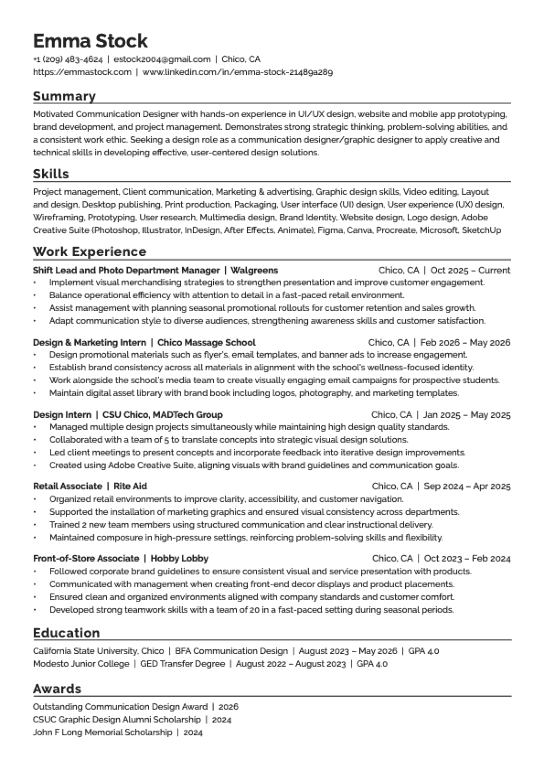 Resume of Emma Stock — summary, skills, work experience, education and awards. Download the PDF for a readable copy.
