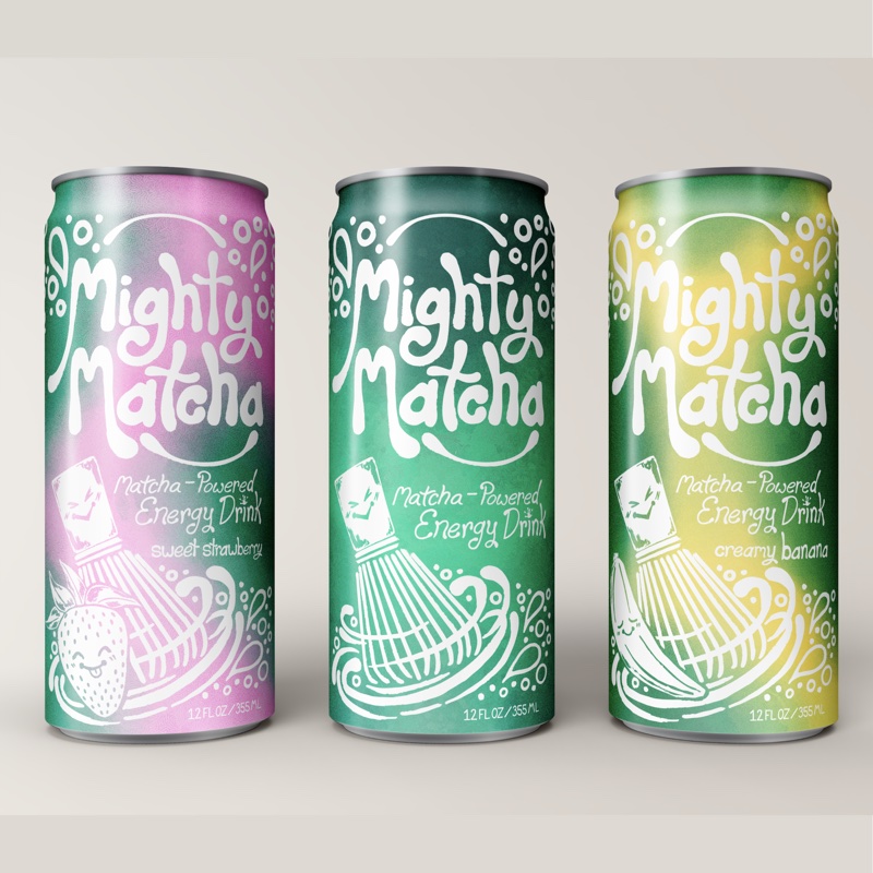 Mighty Matcha energy drink can packaging in three flavours