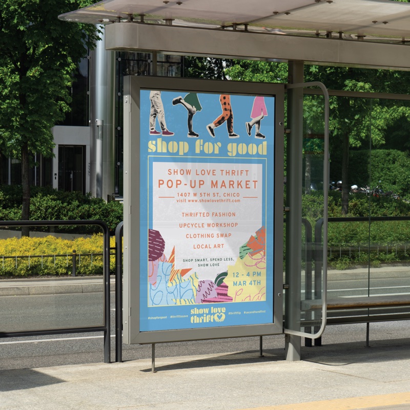 Shop for Good pop-up market poster displayed in a bus shelter